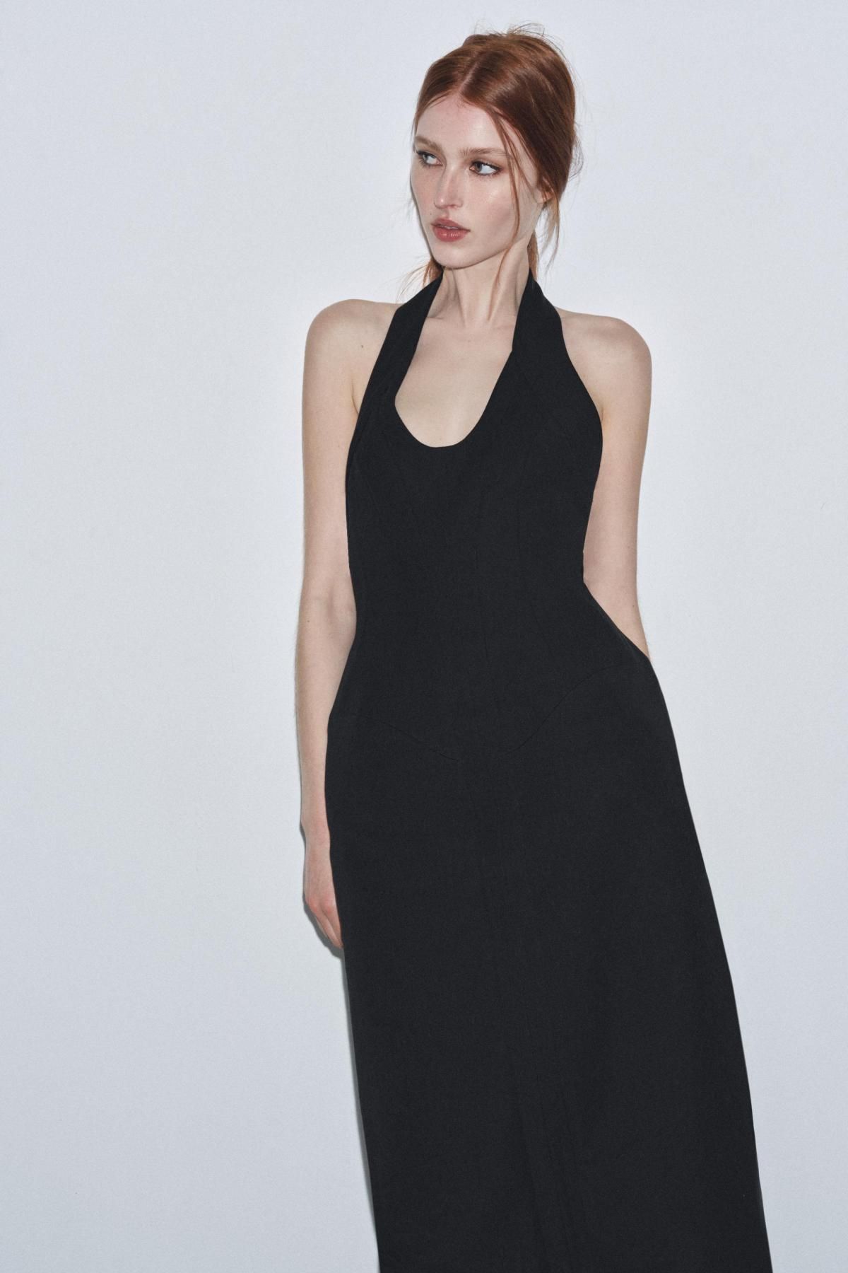 자라 프리미엄 홀터넥 백오픈 코튼 블랙 롱 원피스 9135/972 BLACK - 상세 이미지 3