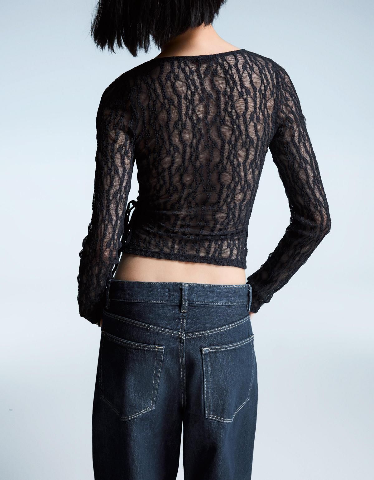 버쉬카 레이스 시스루 매듭 크롭 긴팔 티셔츠 7654/360 NAVY - 상세 이미지 5