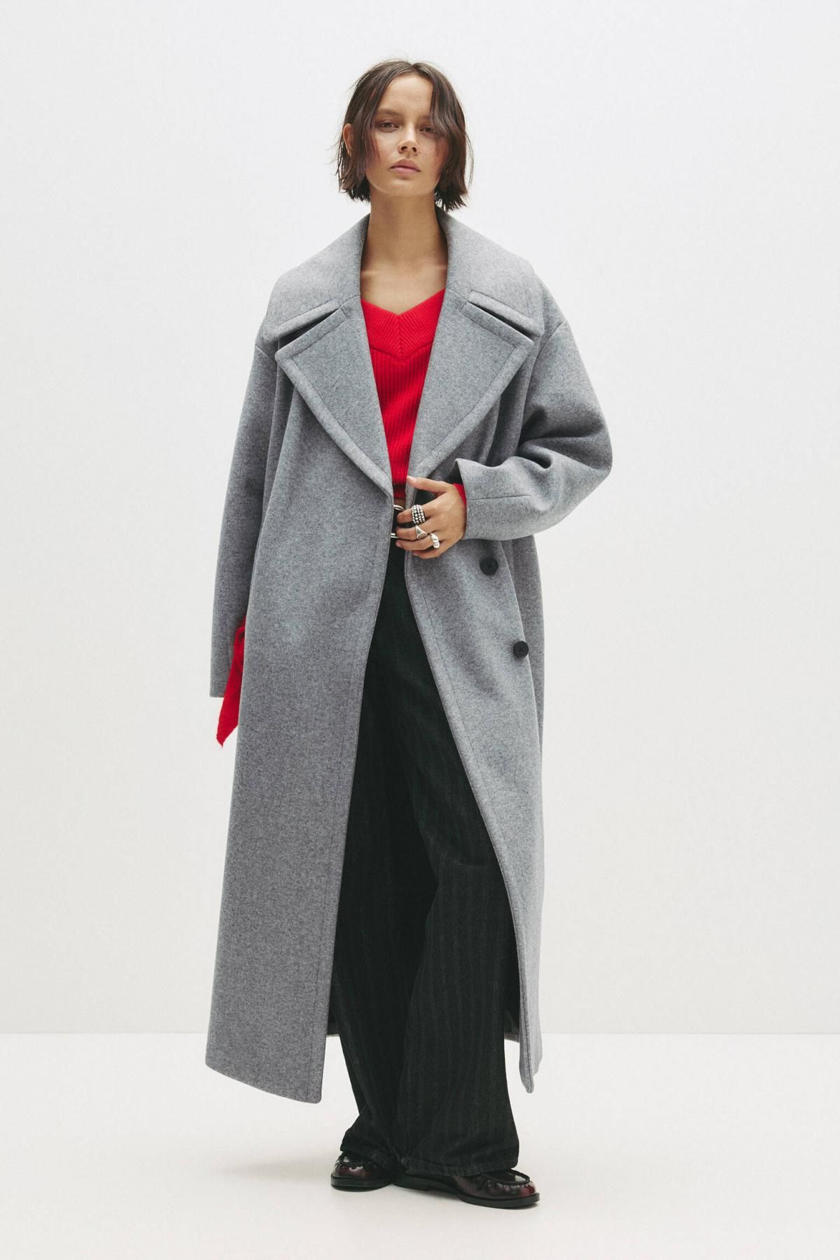 풀앤베어 소프트 펠트 텍스처 와이드 라펠 롱 코트 7800/316 GREY MARL - 상세 이미지 5