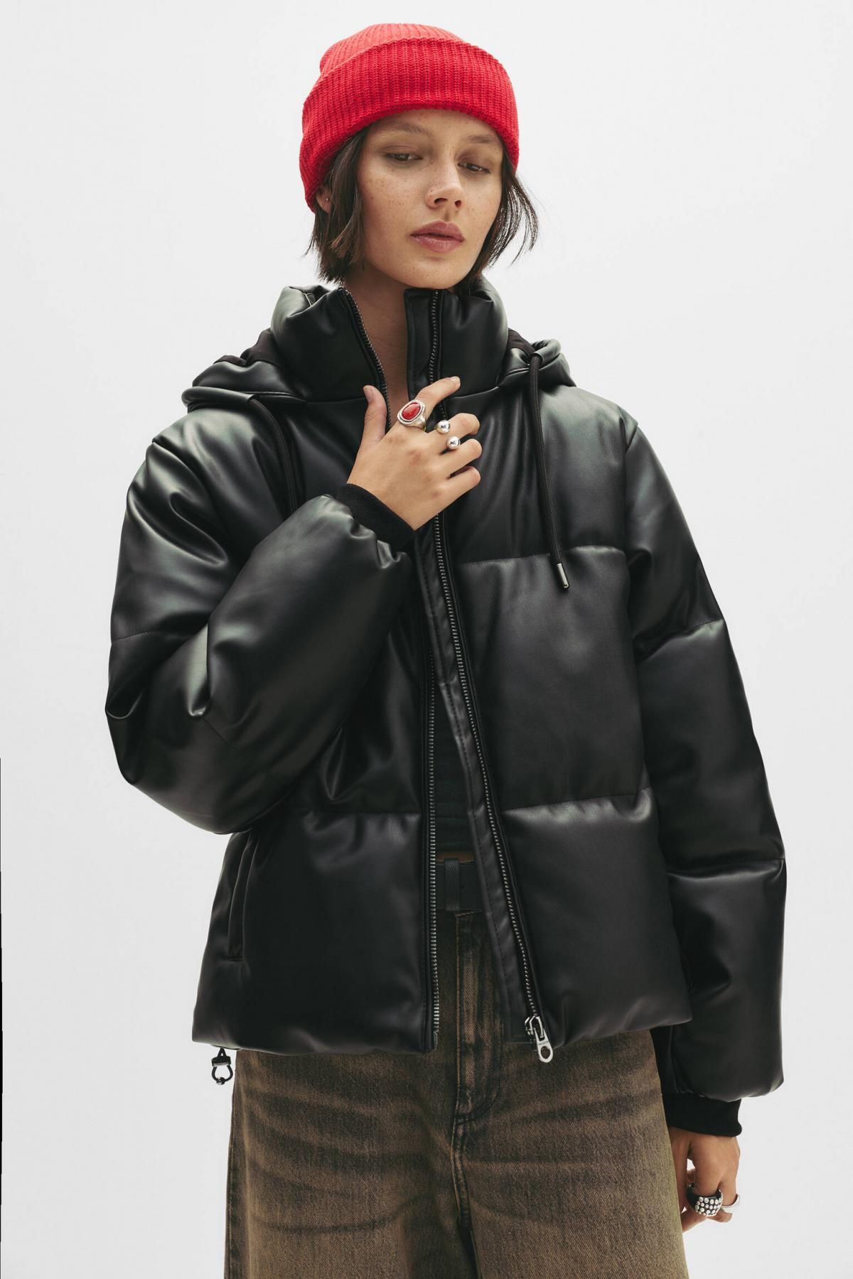 풀앤베어 레더 이펙트 블랙 후드 집업 패딩 점퍼 7701/330 BLACK - 상세 이미지 3