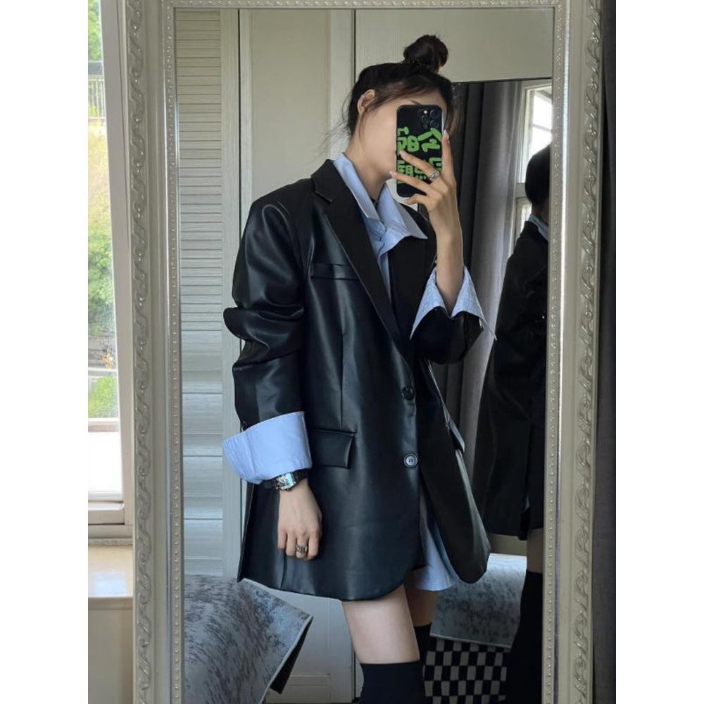가을 여성 블랙 PU 레더 블레이저 싱글 자켓 - 상세 이미지 2
