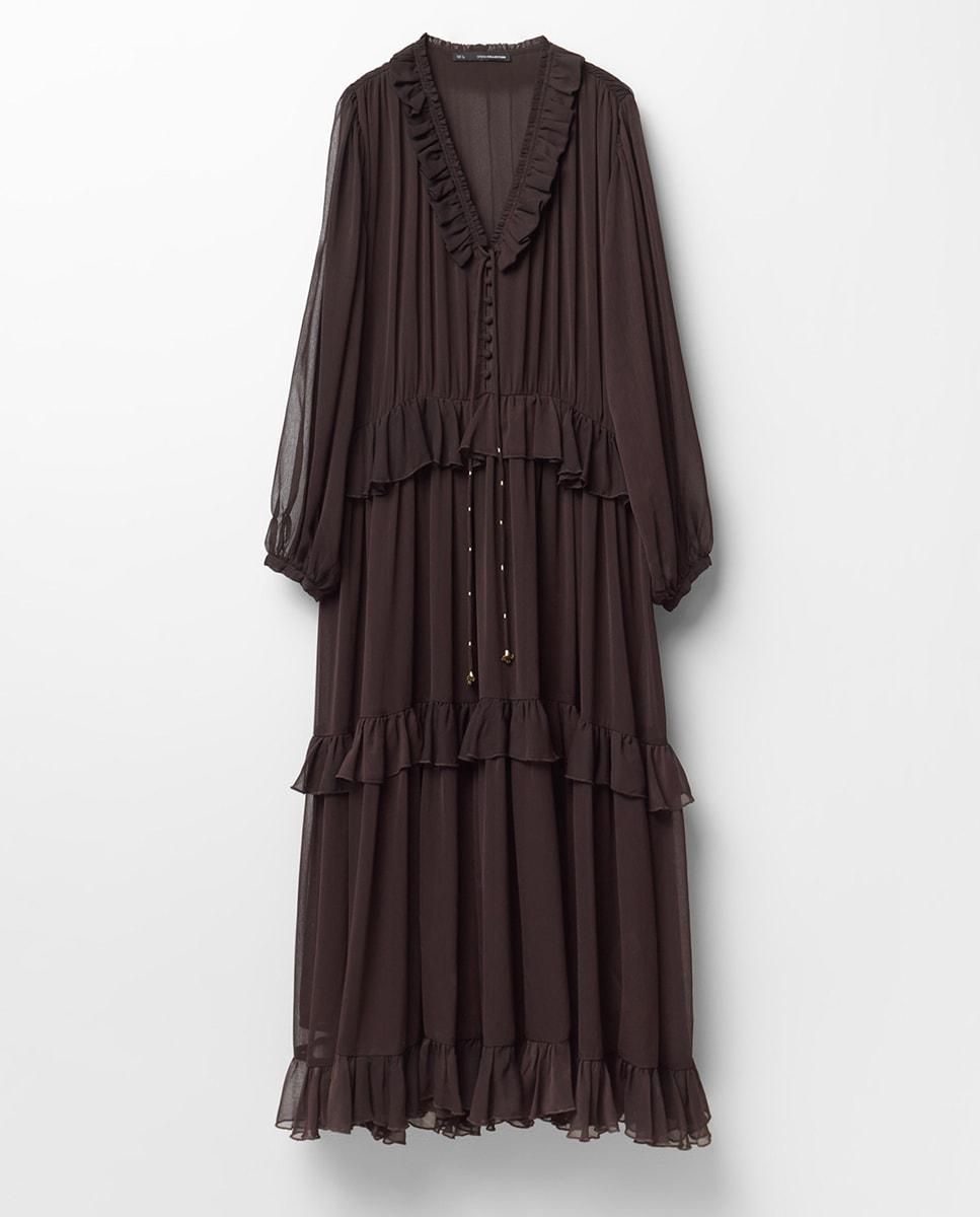 스페라 보헤미안 플리츠 브이넥 러플 롱 원피스 56240008864 MARRON OSCURO - 상품 이미지