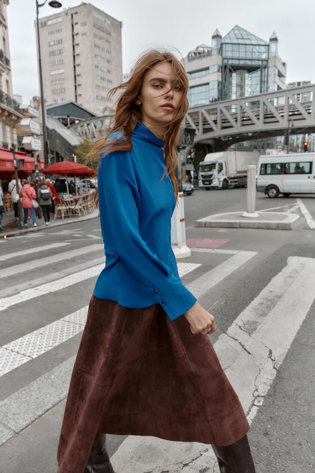 자라 하이넥 사이드 드레이프 블루 블라우스 9324/647 BLUE / GREY - 상세 이미지 3