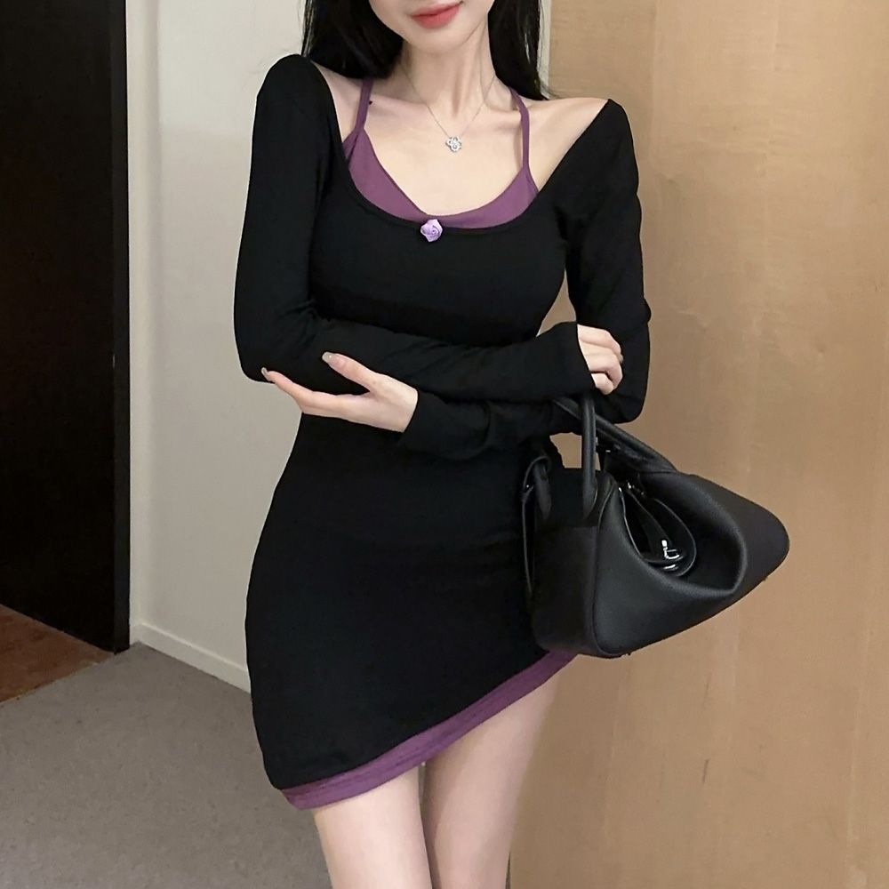 미브링 레이어드원피스 긴팔 홀터넥 언발 AJ0176 - 상세 이미지 2