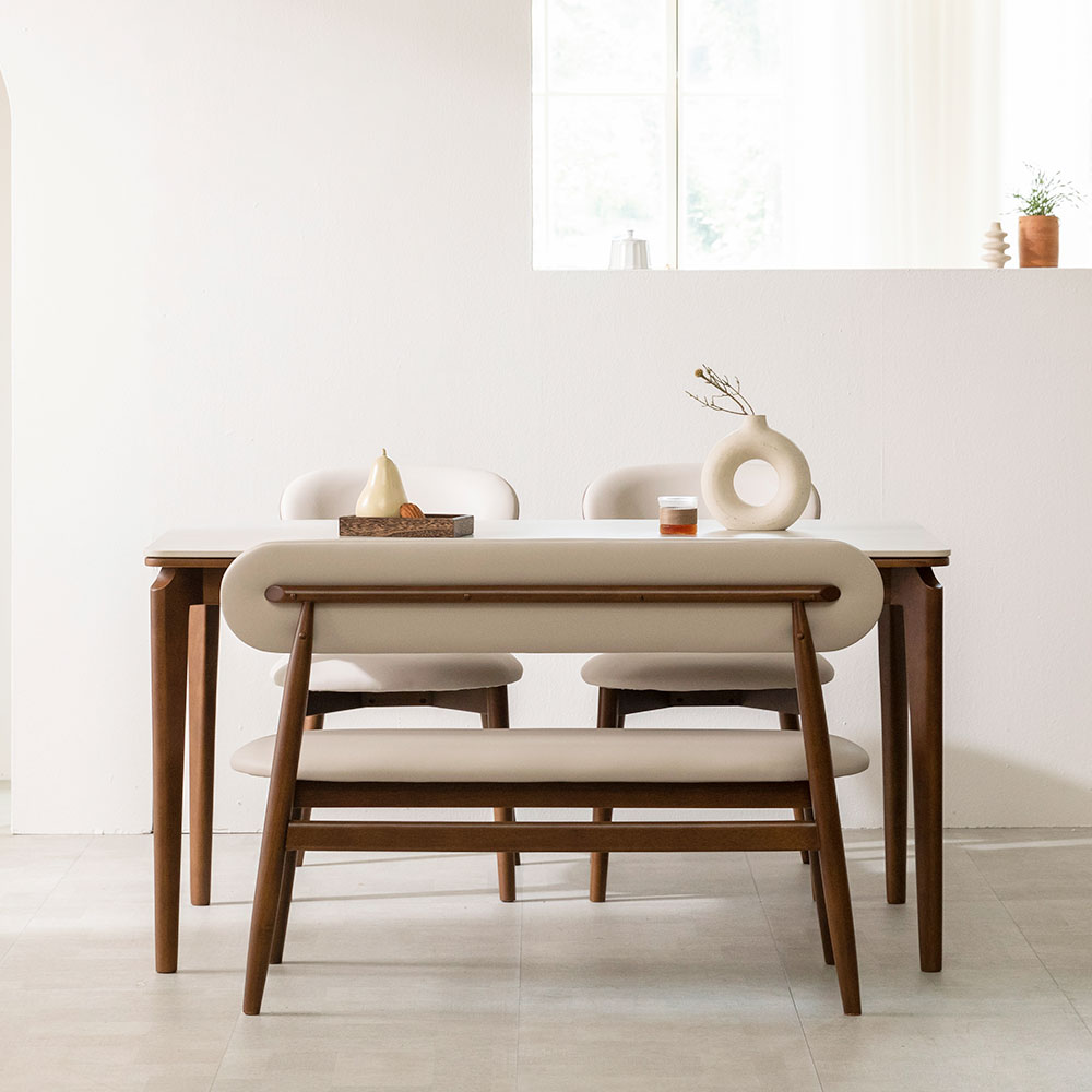 장인가구 해롤드 원목 세라믹 다이닝 테이블 2인 4인 6인 식탁세트 식탁+의자2+등받이벤치1, 1400mm, 내추럴프레임 베이지상판