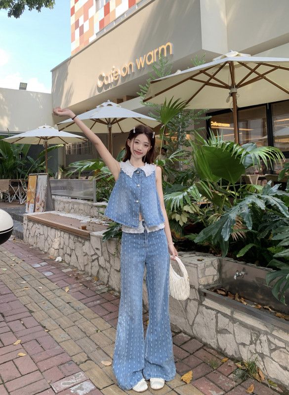 여성 데님 레이스 조끼 와이드 팬츠 세트 여름 청청 스타일 캐주얼한 휴양지룩 로맨틱한 분위기 모던한 코디용 시원한 착용감 - 상세 이미지 5