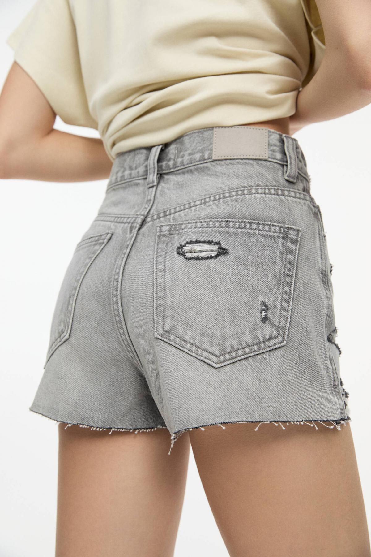 풀앤베어 트렌디 하이웨이스트 데님 리핑 밑단 반바지 3697/301 GREY - 상세 이미지 5
