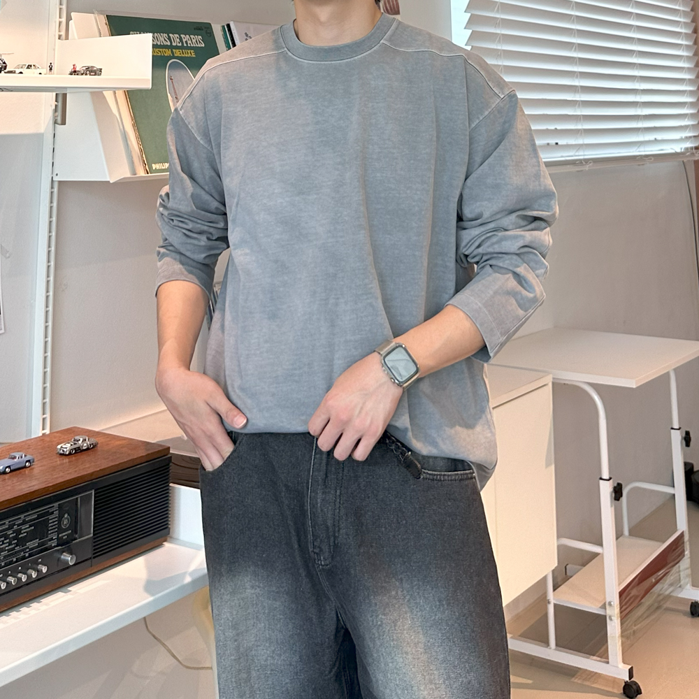 남자 긴팔티 피그먼트 오버핏 절개 이너 레이어드 티셔츠 - 상세 이미지 4