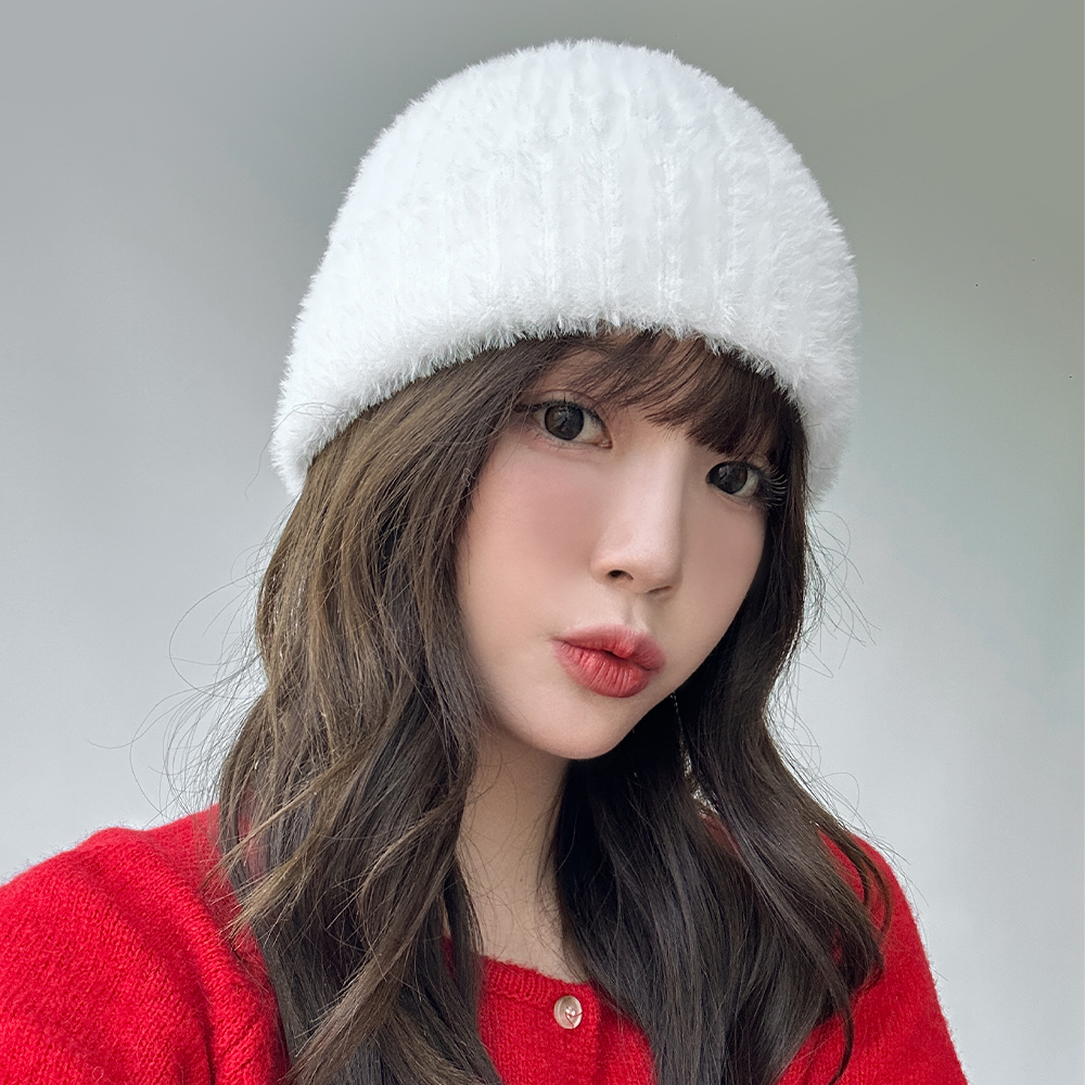밍크털 니트 비니 골지모자 털모자 방한 보온 퍼 비니 - 상품 이미지
