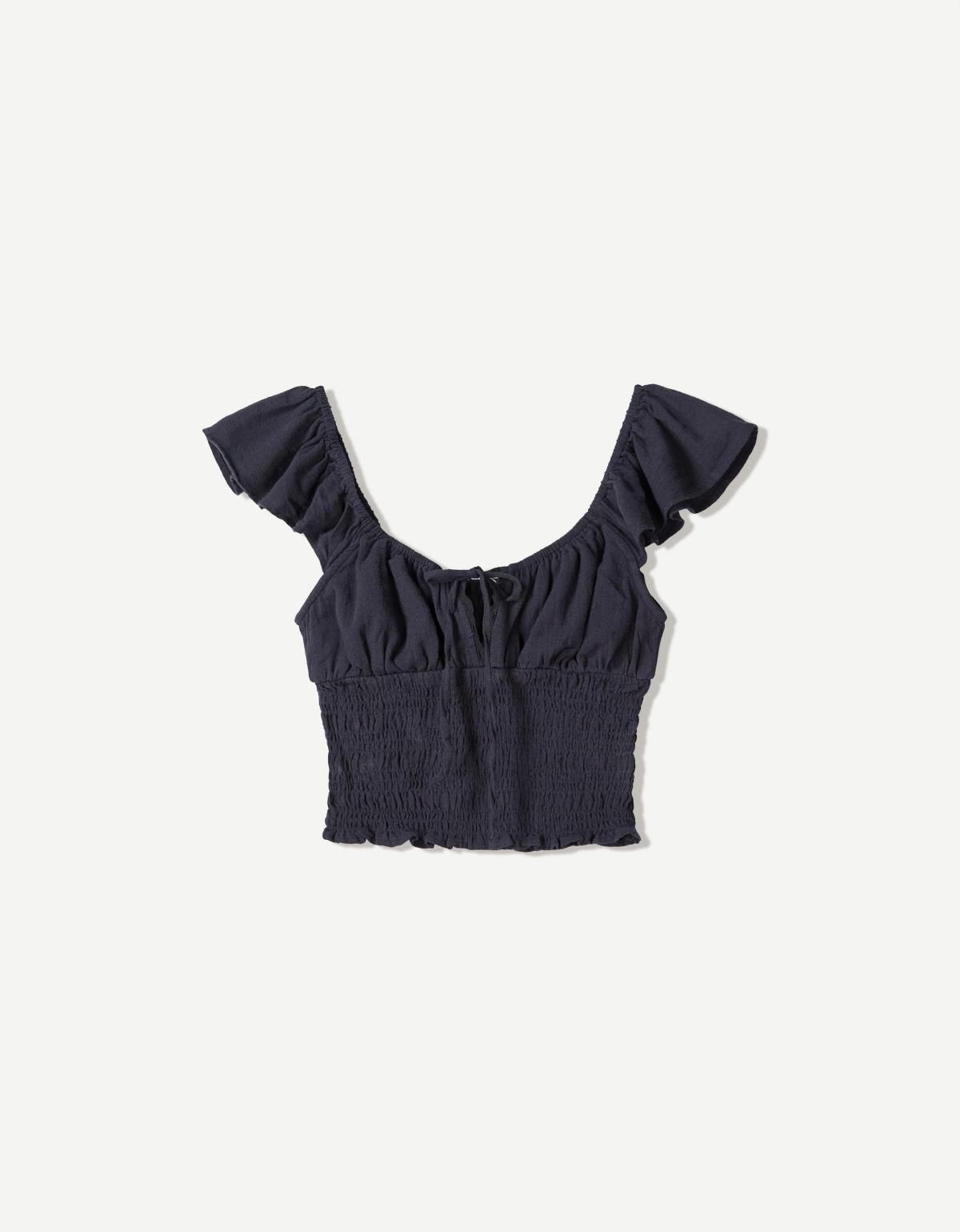 버쉬카 러블리 셔링 스모크 민소매 크롭 블라우스 3803/494 NAVY - 상세 이미지 2