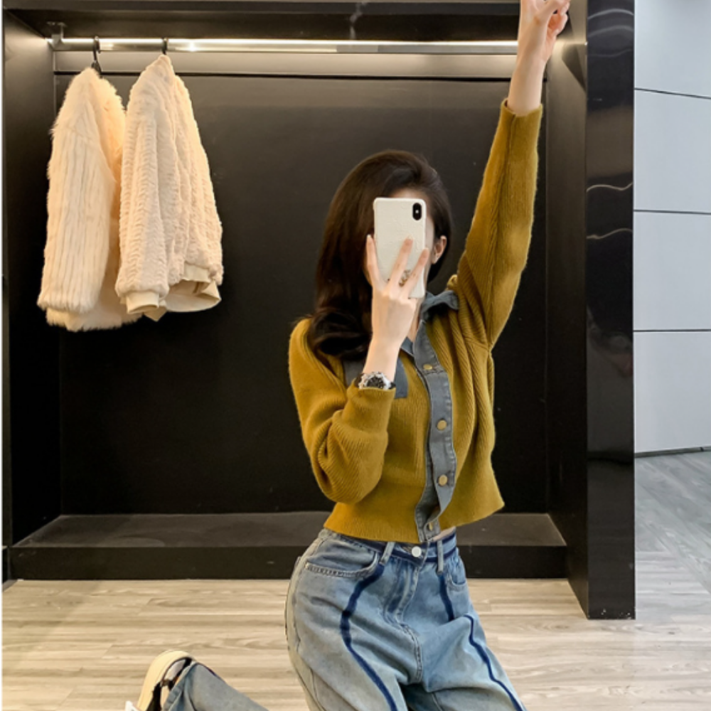25FW 데님 카라 배색 니트 가디건 2Color - 상세 이미지 4