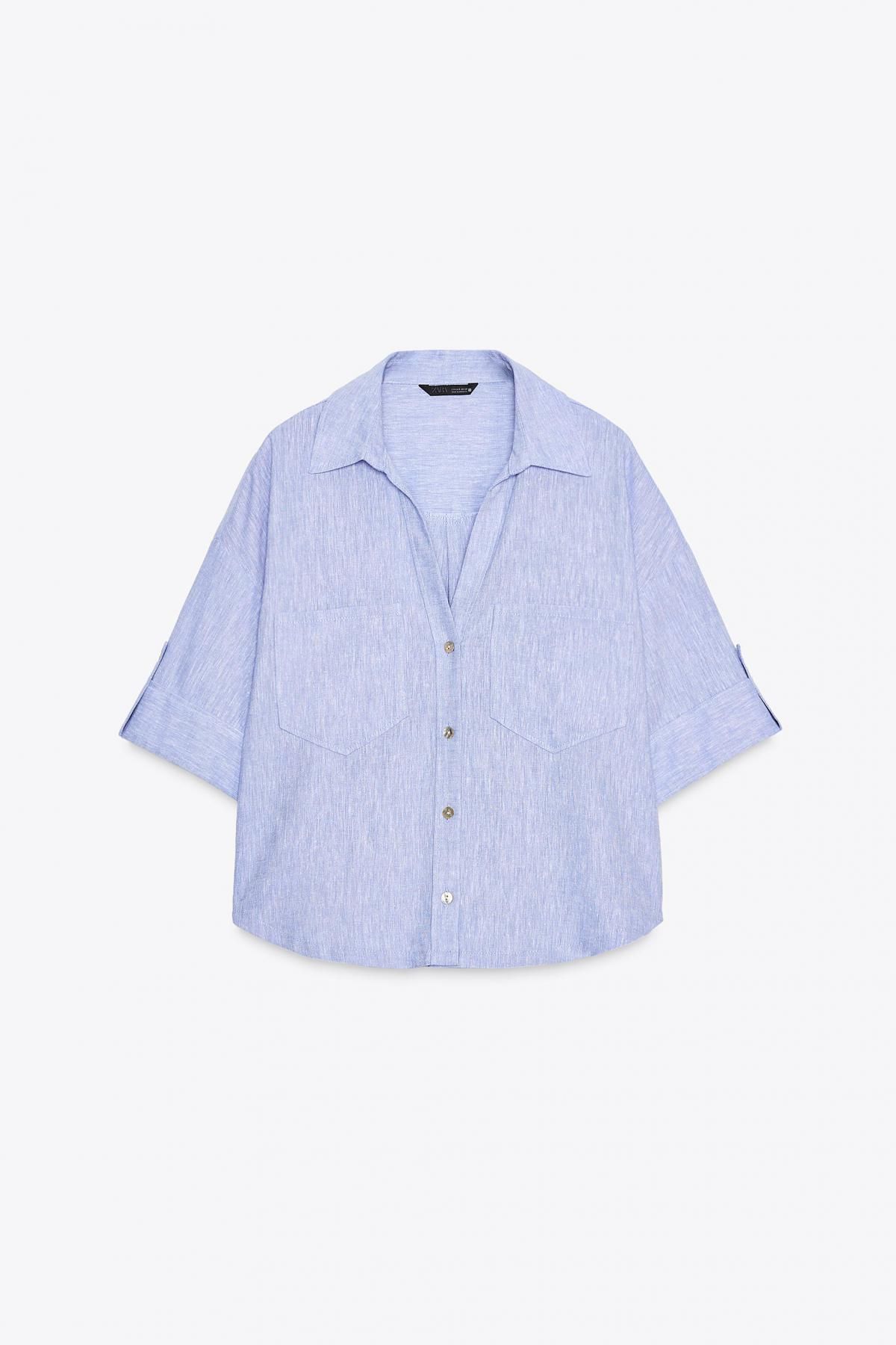 자라 크롭 린넨 브이넥 오버핏 반팔 셔츠 2187/813 LIGHT BLUE - 메인 이미지