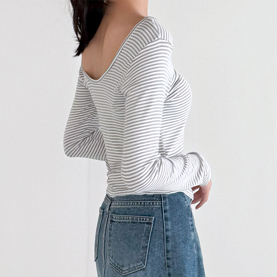 라인 단가라 티셔츠 여리핏 스판 기본티 스트라이프 이미지 6