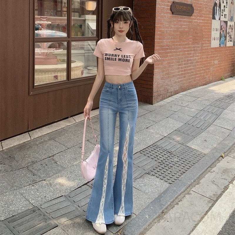 여성 플레어 데님 청바지 레이스 패치워크 빈티지 스타일 슬림 루즈핏 하이웨이스트 편안한 착용감 데일리 캐주얼 팬츠 - 상세 이미지 2