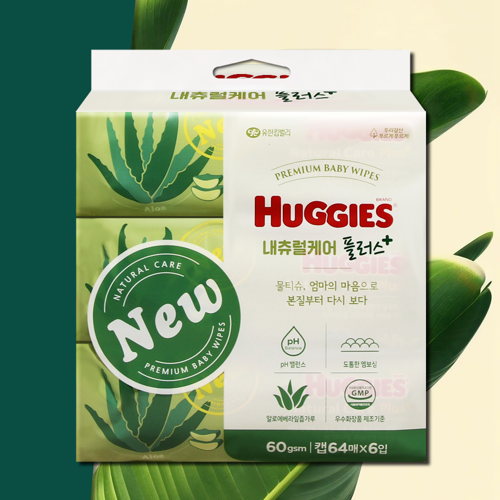 하기스 내츄럴케어 플러스 물티슈 캡형 64매 6팩 아기물티슈 유아 대용량 신생아 두꺼운
