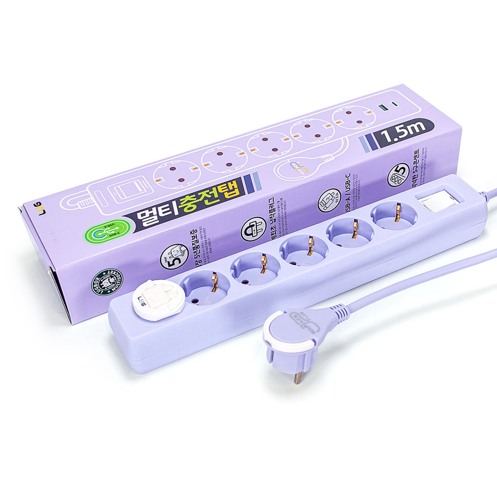 러그박스 5구 멀티탭 USB-C 타입 납작 플러그 안전커버 포함 1.5m, 퍼플, 1개 - 상세 이미지 3