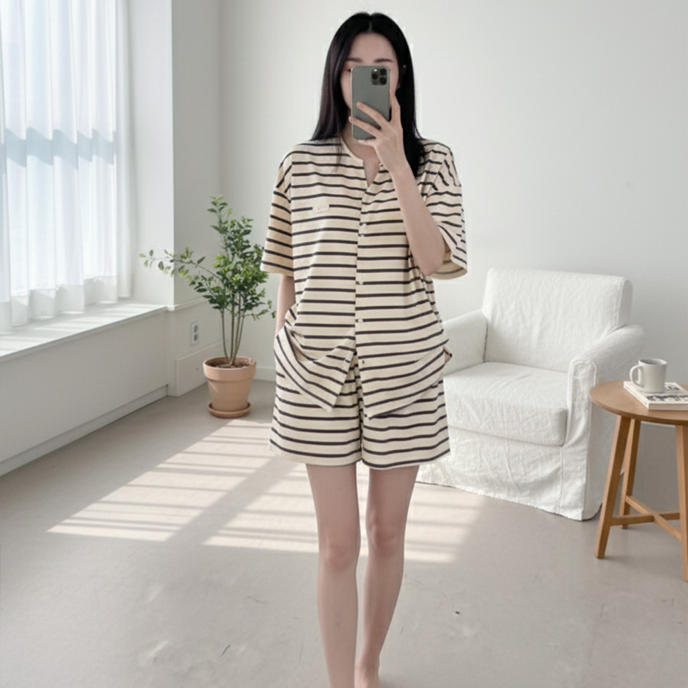 쿨 스트라이프 노브라 캡내장 여름 여성 잠옷 홈웨어 반팔 파자마세트 short ivory 이미지 6