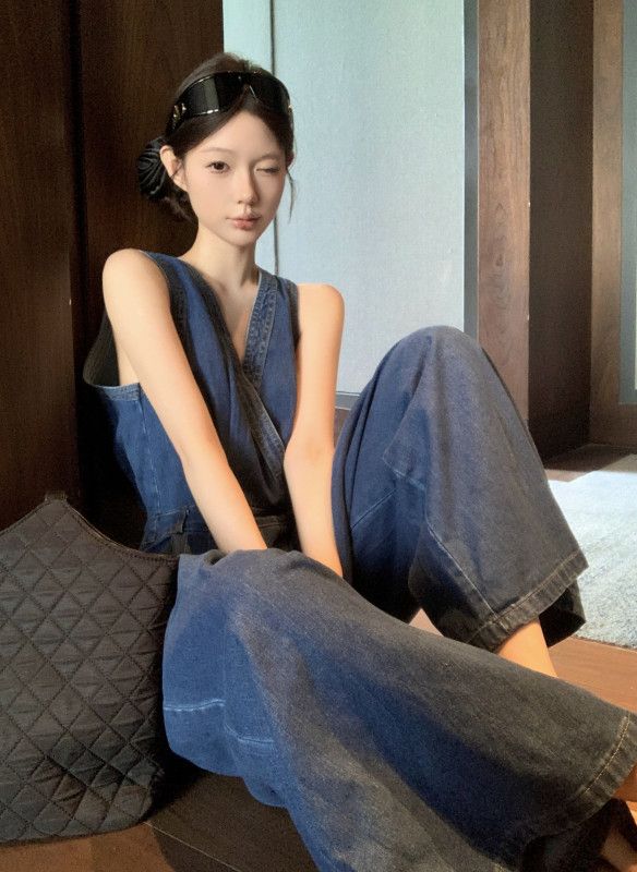 여성 데님 오버롤 와이드 팬츠 캐주얼 멜빵바지 여름용 시원한 착용감 편안한 스타일 여행 외출용 트렌디한 디자인 - 상세 이미지 3