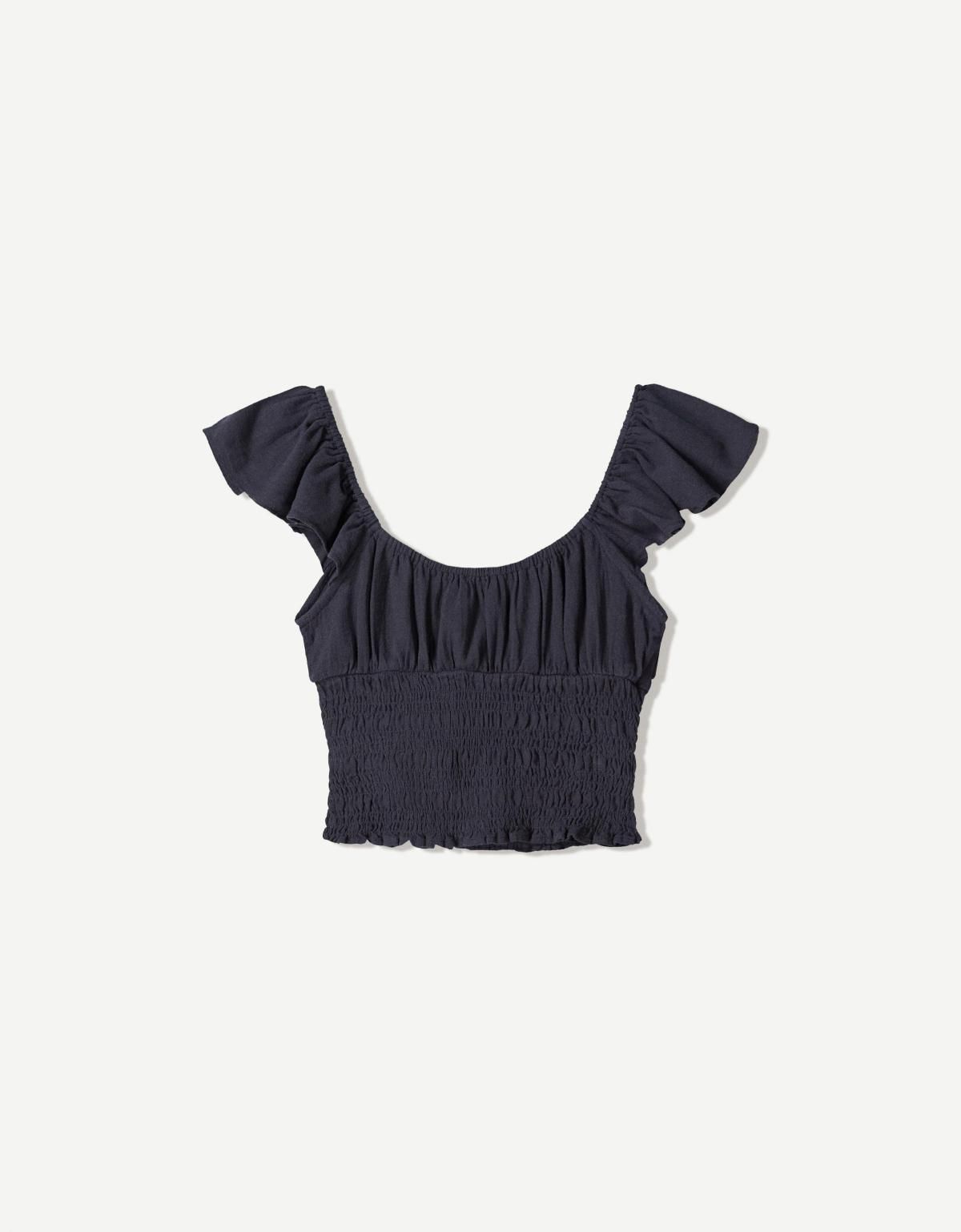버쉬카 러블리 셔링 스모크 민소매 크롭 블라우스 3803/494 NAVY - 메인 이미지
