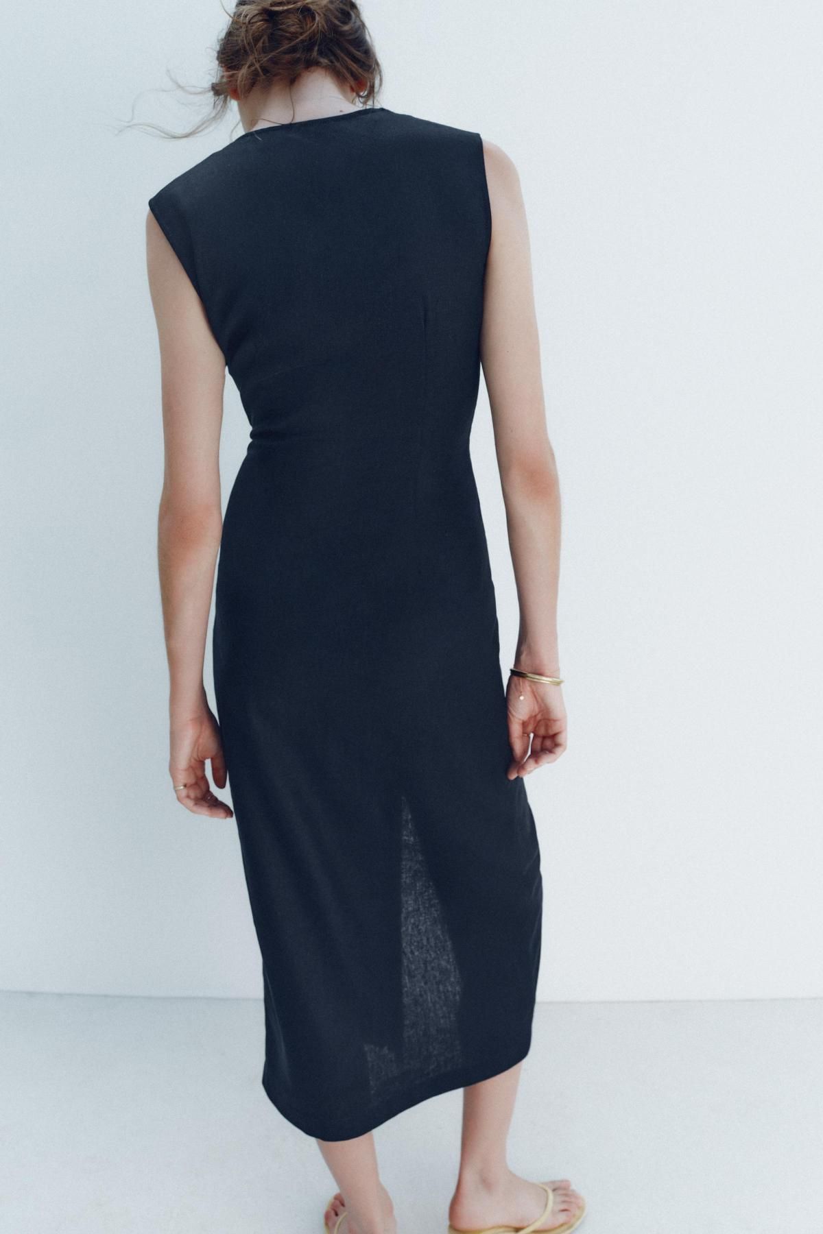 자라 린넨블렌드 미디 벨티드 원피스 8208/709 NAVY BLUE - 상세 이미지 5
