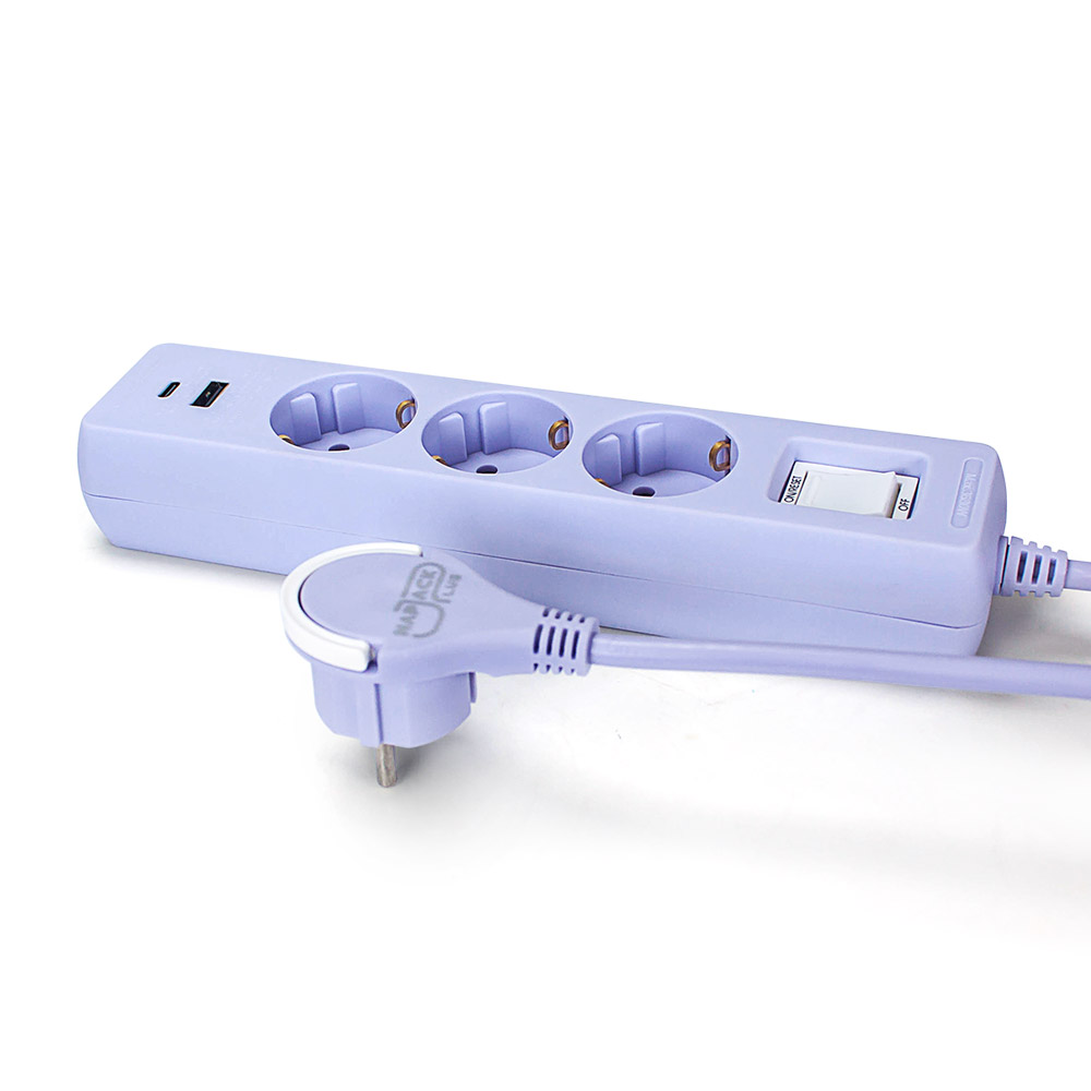 러그박스 3구 멀티탭 USB-C 타입 납작 플러그 안전커버 포함 3m, 퍼플, 1개 - 상세 이미지 2