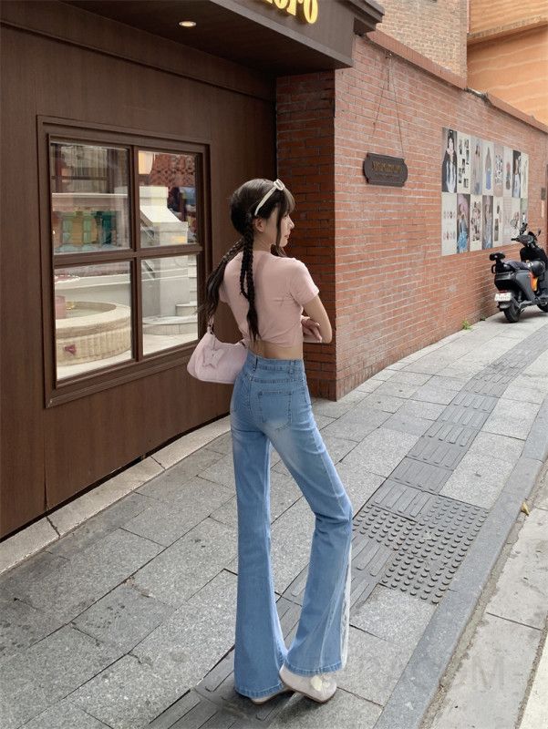 여성 플레어 데님 청바지 레이스 패치워크 빈티지 스타일 슬림 루즈핏 하이웨이스트 편안한 착용감 데일리 캐주얼 팬츠 - 상세 이미지 4