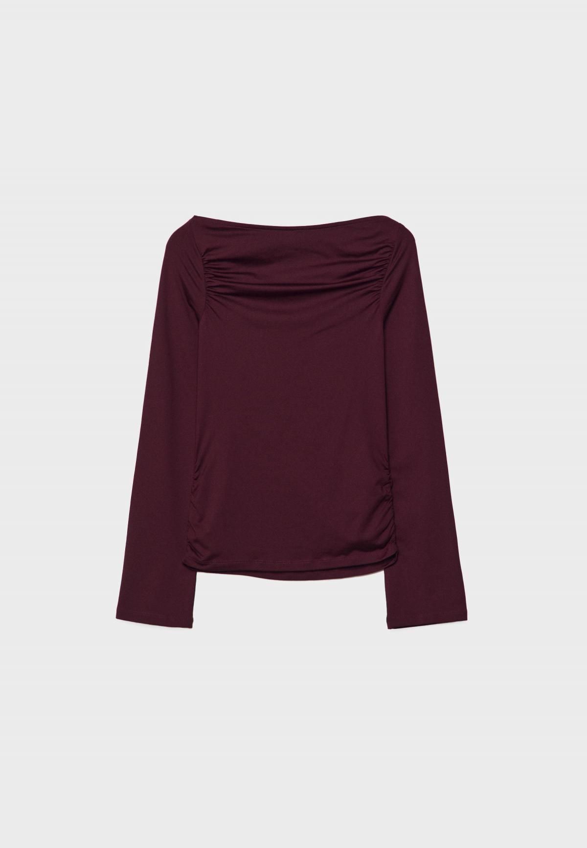 스트라디바리우스 슬림핏 보트넥 셔링 긴팔 티셔츠 8152/140 BURGUNDY - 메인 이미지