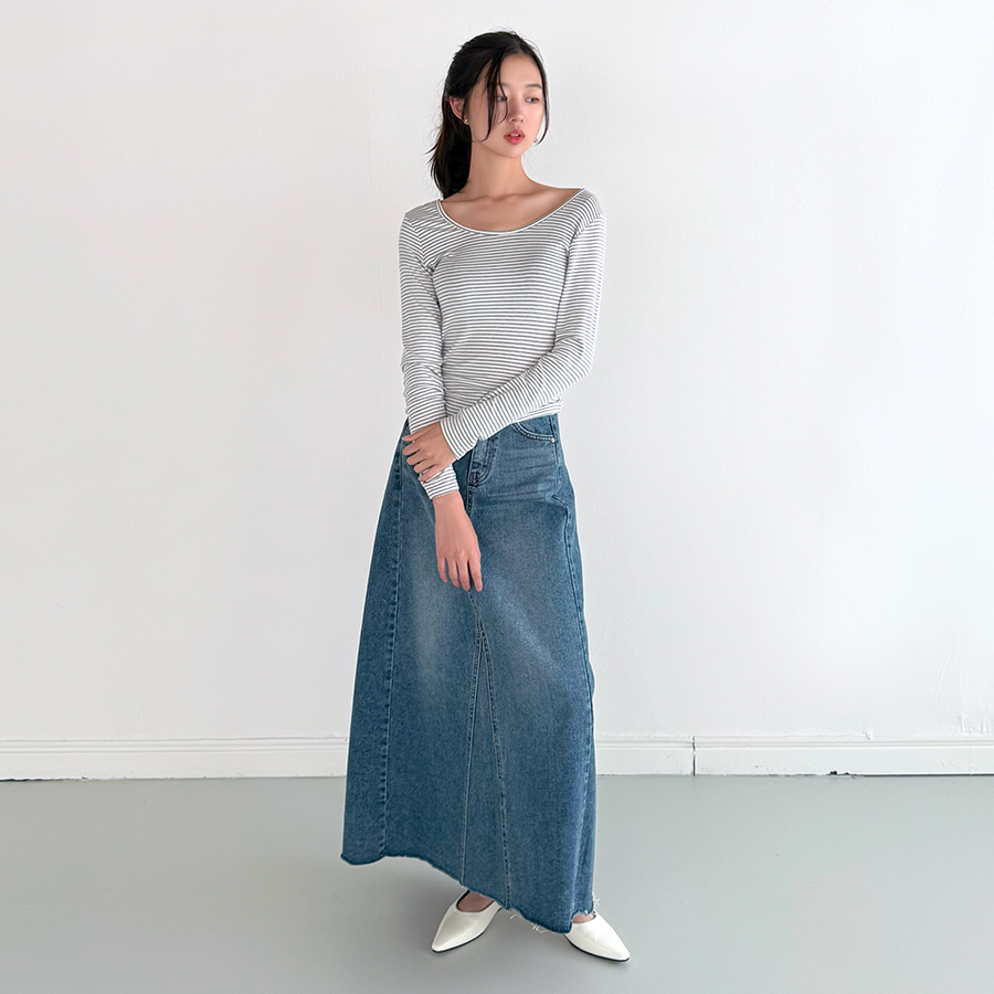 라인 단가라 티셔츠 여리핏 스판 기본티 스트라이프 - 상세 이미지 2