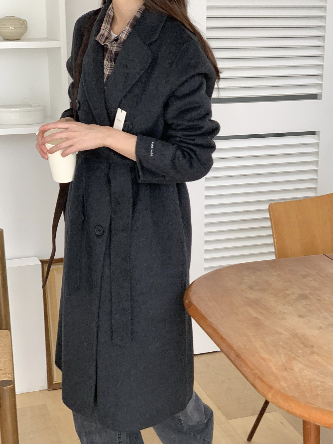 여성 울 더블버튼 핸드메이트 롱 코트 루즈핏 벨트 - 상세 이미지 2