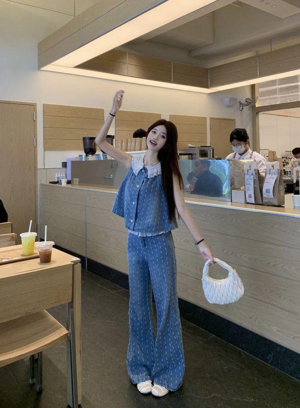 여성 데님 레이스 조끼 와이드 팬츠 세트 여름 청청 스타일 캐주얼한 휴양지룩 로맨틱한 분위기 모던한 코디용 시원한 착용감 - 상세 이미지 2