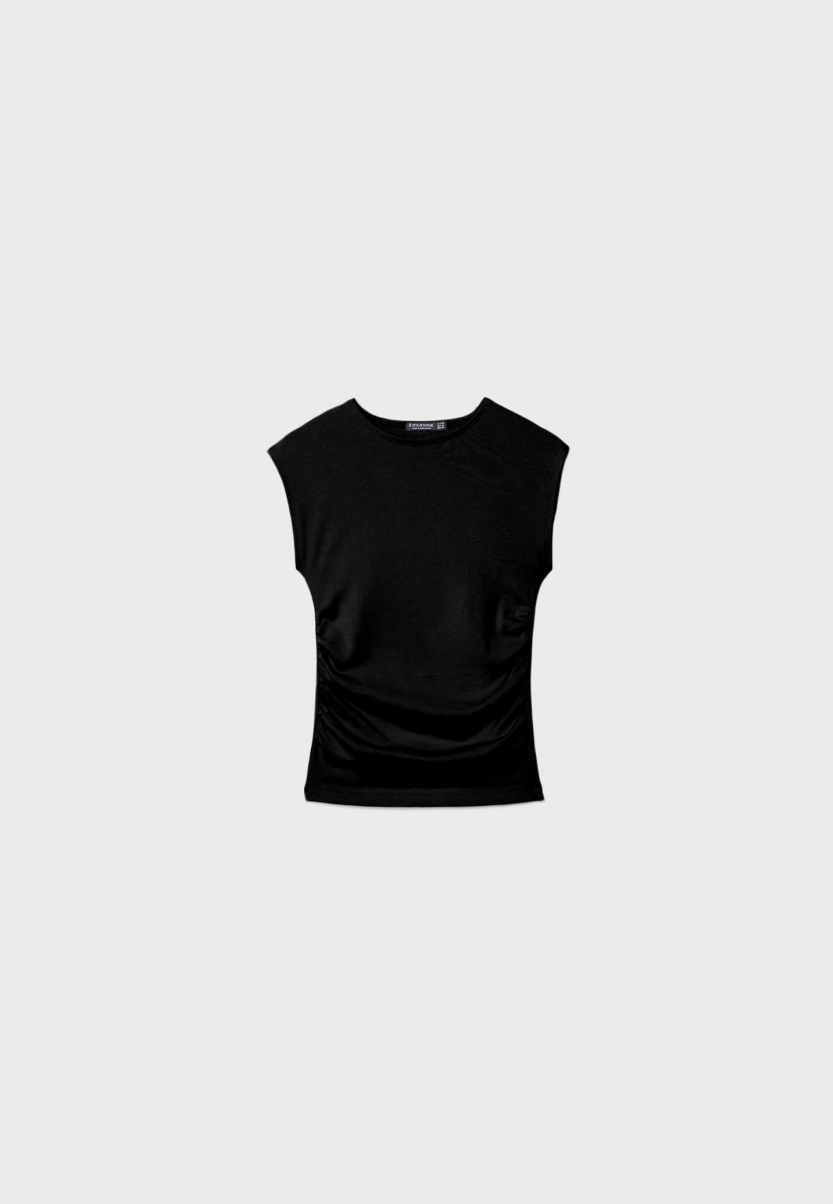 스트라디바리우스 슬림핏 셔링 라운드넥 캡소매 티셔츠 2529/701 BLACK - 상품 이미지