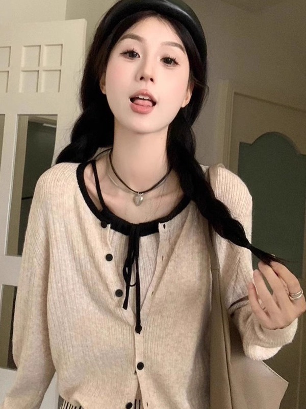 니트나시 라운드넥가디건 투피스세트 캐주얼 봄가을 예쁜 귀여운 디자인 베이지오트밀 - 상세 이미지 2