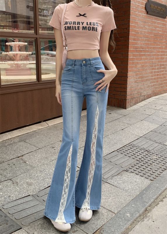 여성 플레어 데님 청바지 레이스 패치워크 빈티지 스타일 슬림 루즈핏 하이웨이스트 편안한 착용감 데일리 캐주얼 팬츠 - 상세 이미지 3