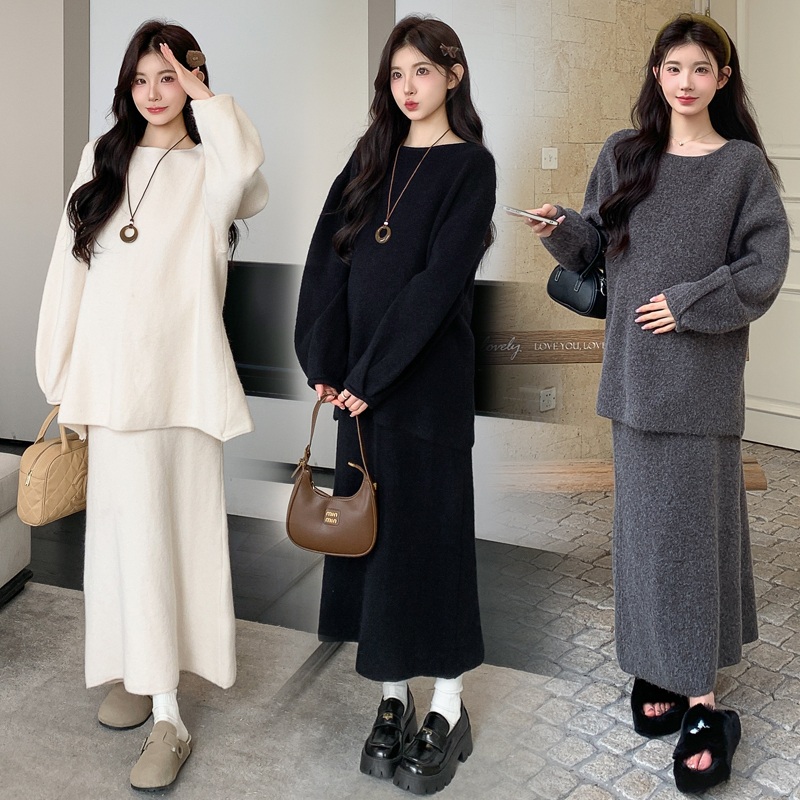 라운드넥긴팔스웨터 밴딩롱스커트 투피스세트 뒷면단추포인트 통통녀 예쁜 디자인 겨울 3컬러 - 상품 이미지