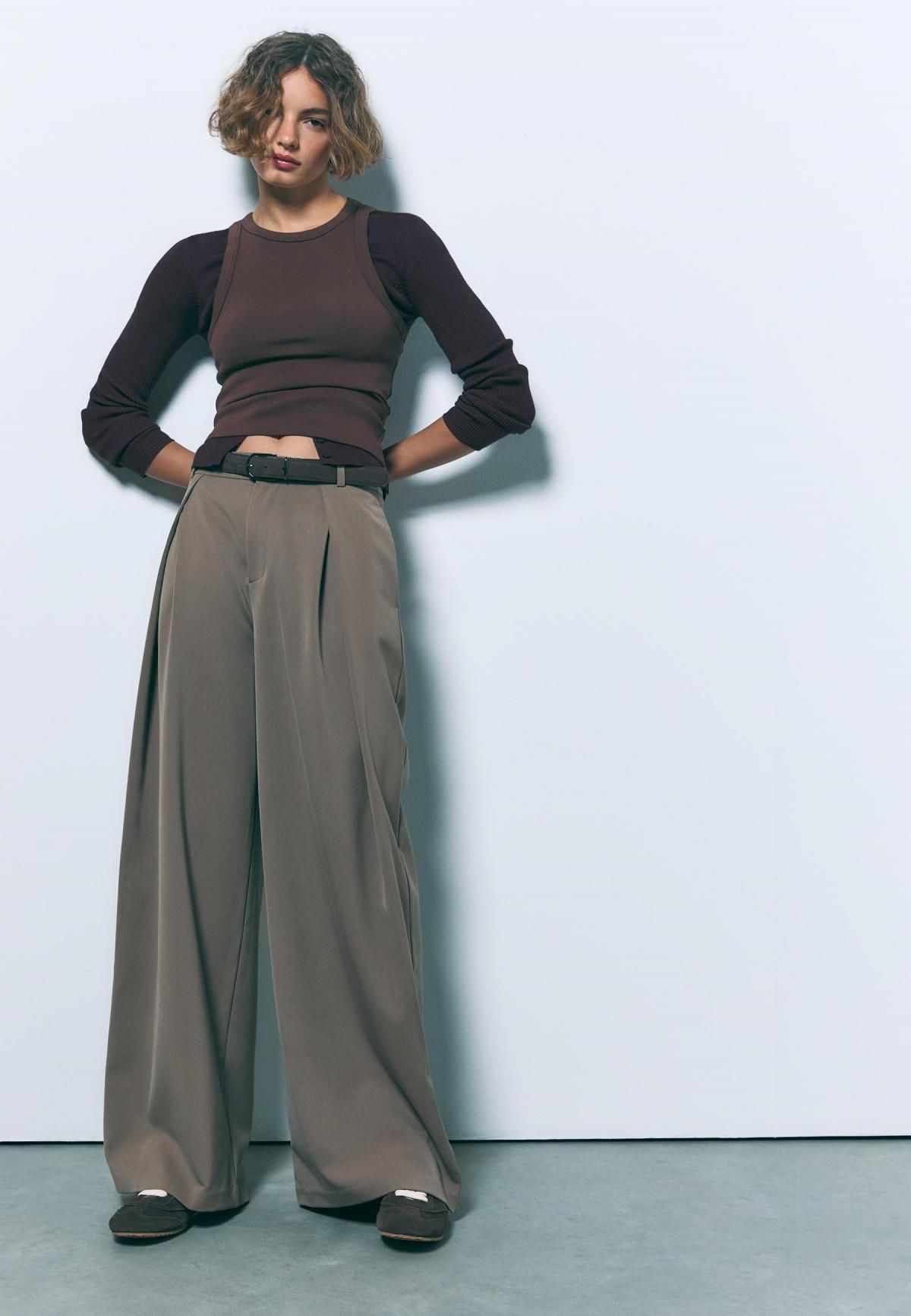 스트라디바리우스 맥시 와이드 플리츠 벨트 팬츠 4538/576 BROWN - 상세 이미지 4