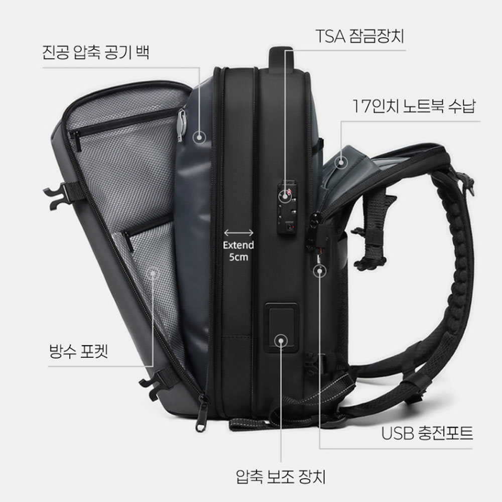 진공 압축 여행용 백팩 노트북 도난방지 여행 등산 배낭 백패킹 방수 자전거 가방 TSA 49cm - 상세 이미지 2