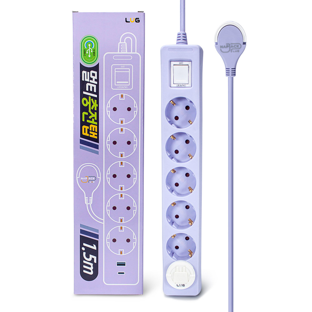 러그박스 5구 멀티탭 USB-C 타입 납작 플러그 안전커버 포함 1.5m, 퍼플, 1개 - 상세 이미지 4