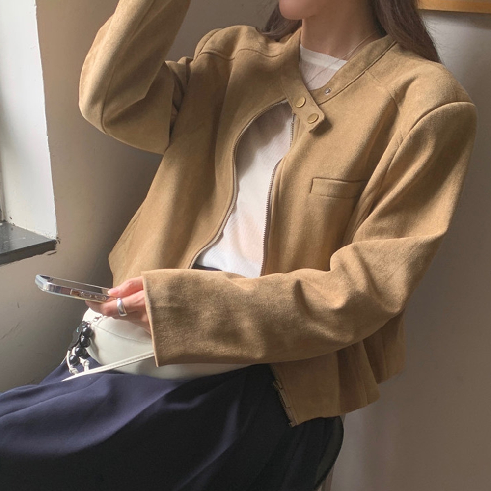 여성스웨이드자켓 세무 워크 노카라 블루종 숏 가을 자켓 이미지 6