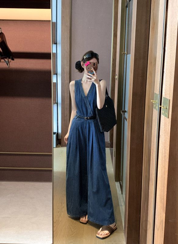 여성 데님 오버롤 와이드 팬츠 캐주얼 멜빵바지 여름용 시원한 착용감 편안한 스타일 여행 외출용 트렌디한 디자인 - 상세 이미지 2