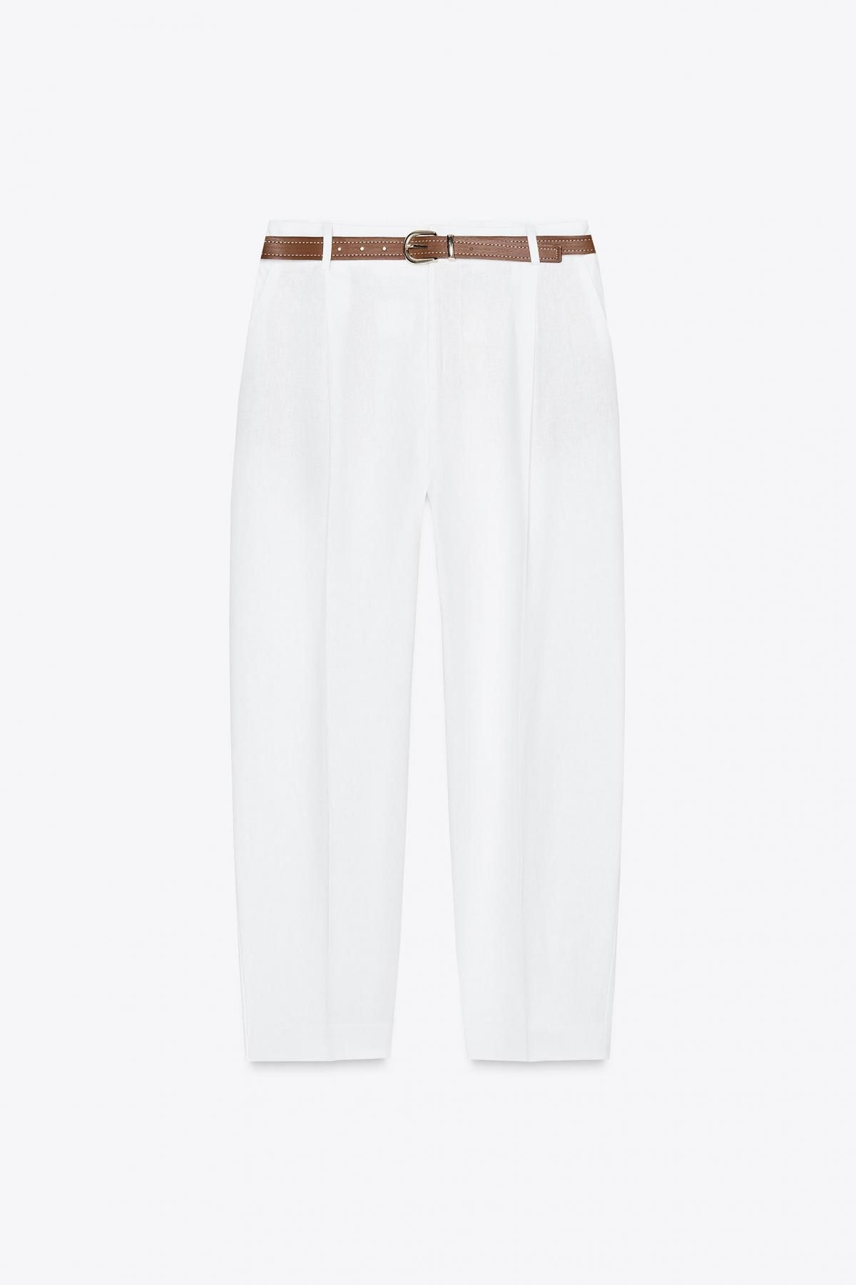 자라 린넨 벨티드 스트레이트레그 팬츠 2753/128 OYSTER-WHITE - 상품 이미지