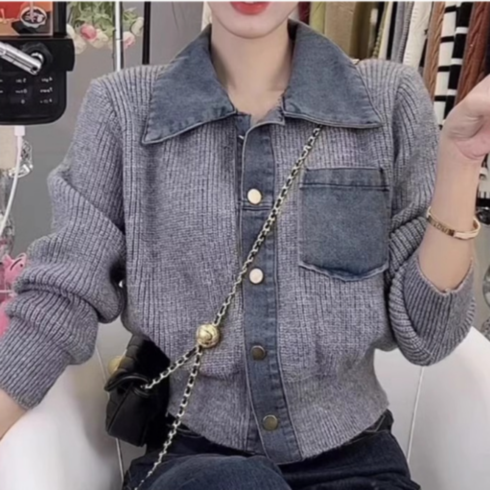 25FW 데님 카라 배색 니트 가디건 2Color - 상세 이미지 3