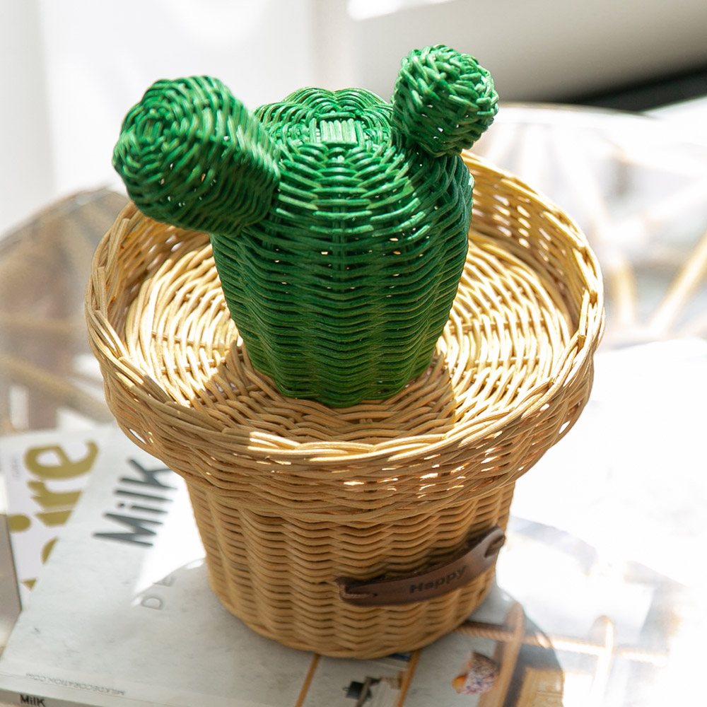 라탄 선인장화분 수납함 카페 촬영 인테리어 소품함 사탕바구니 커피캡슐