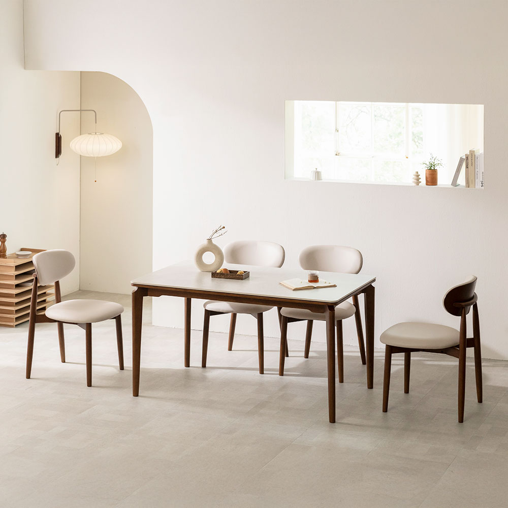 [무료내림] 장인가구 해롤드 원목 세라믹 다이닝 테이블 2인 4인 6인 식탁세트 식탁+의자4, 1400mm, 월넛프레임 화이트상판