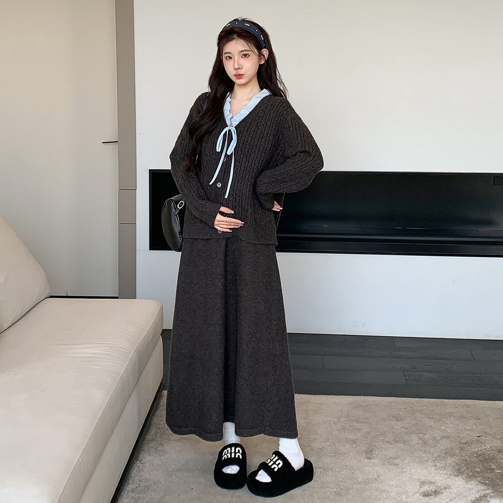 브이넥리본가디건 니트밴딩롱스커트 세트 캐주얼 투피스 통통 귀여운 예쁜 디자인 네이비 - 상세 이미지 3