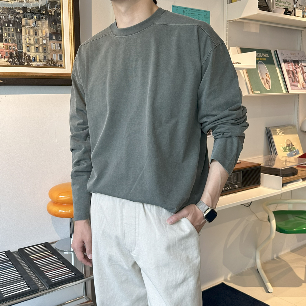 남자 긴팔티 피그먼트 오버핏 절개 이너 레이어드 티셔츠 - 상세 이미지 3