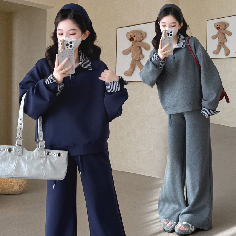 셔츠레이어드긴팔맨투맨 밴딩와이드팬츠 코디세트 통통녀 임산부 편한 추리닝 가을겨울 2컬러 - 상품 이미지
