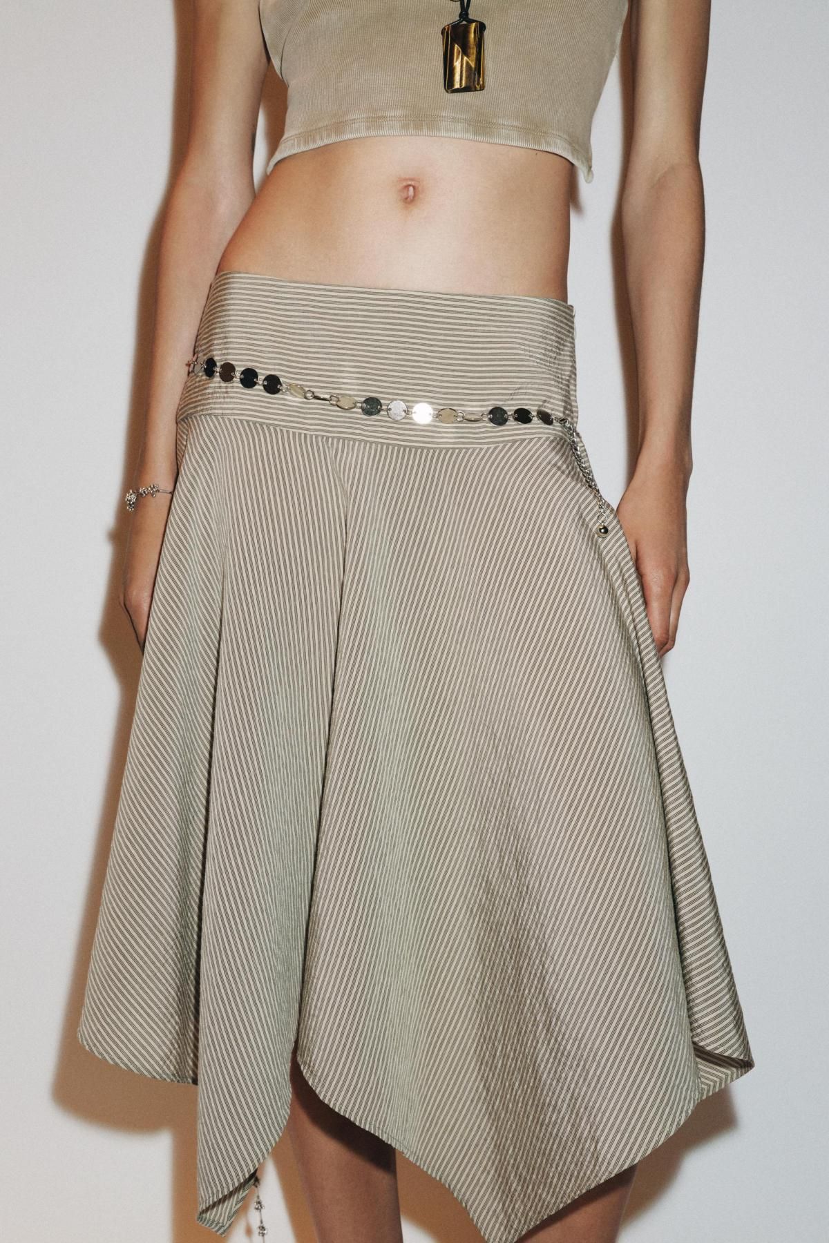 자라 스트라이프 언밸런스 벨트 미디 스커트 6929/500 BEIGE-BROWN - 상세 이미지 4