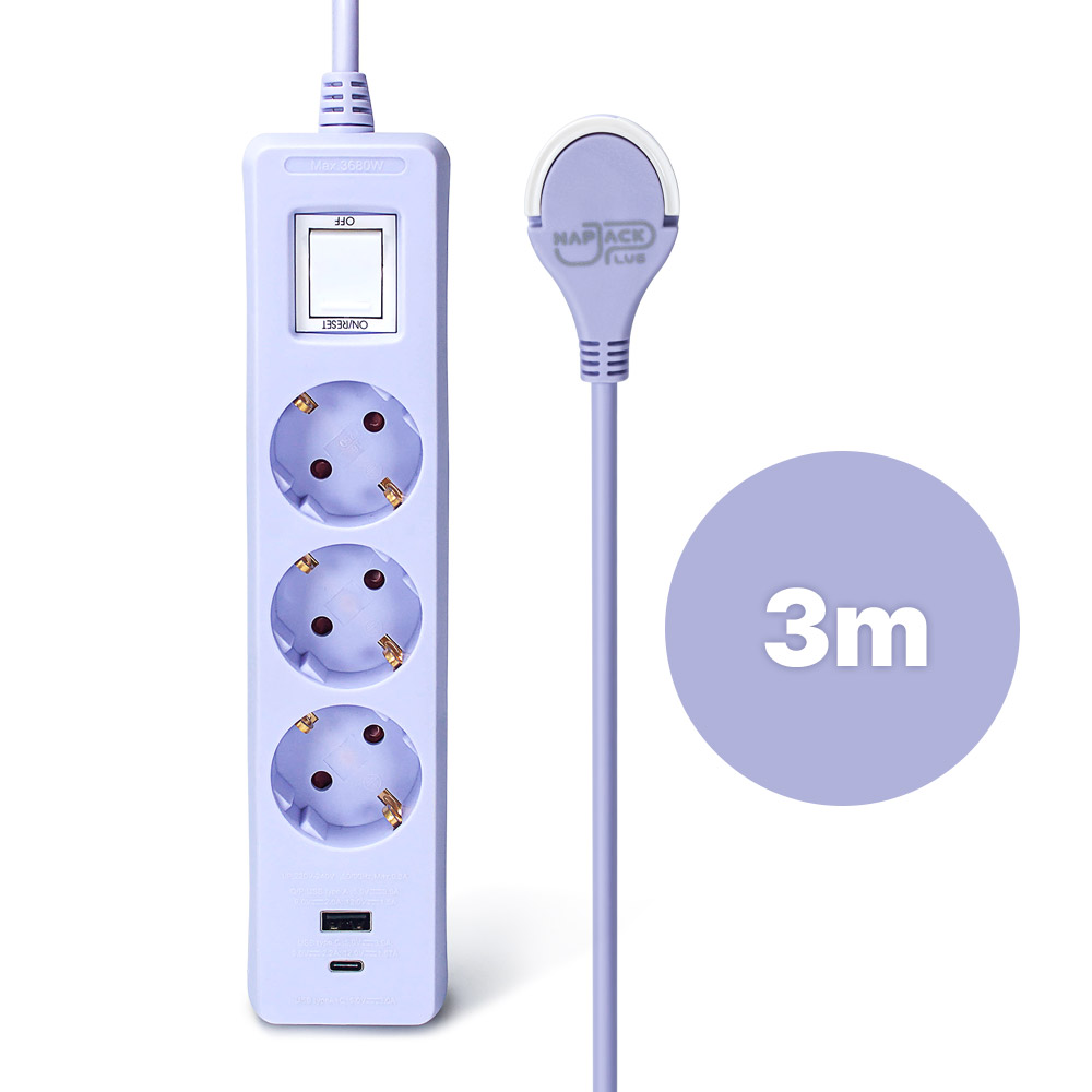 러그박스 3구 멀티탭 USB-C 타입 납작 플러그 안전커버 포함 3m, 퍼플, 1개 - 상품 이미지