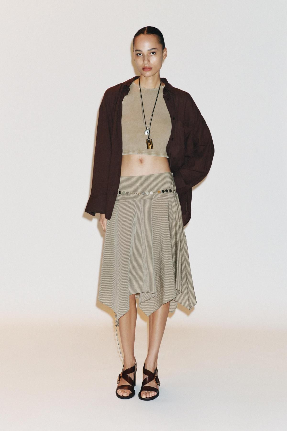자라 스트라이프 언밸런스 벨트 미디 스커트 6929/500 BEIGE-BROWN - 상세 이미지 2