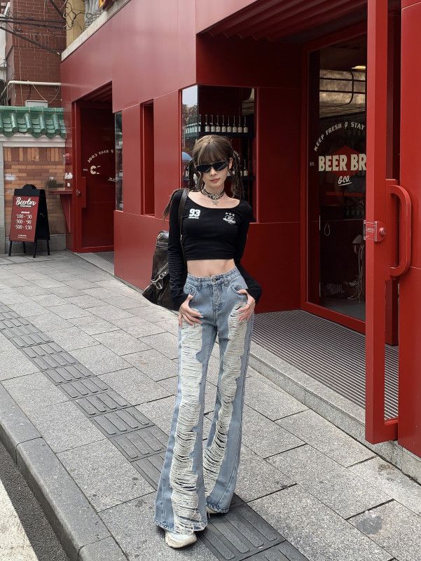 여성 하이웨스트 디스트로이드 데님 찢어진 부츠컷 플레어 와이드 빈티지 캐주얼 슬림핏 긴바지 팬츠 사계절룩 - 상세 이미지 5